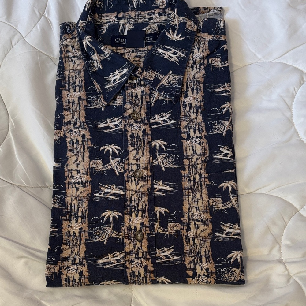 3/$20 Crossings Navy and Tan Tropical Button Down Shirt